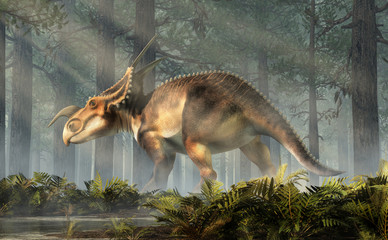 An Einiosaurus in a deep forest among ferns. Einiosaurus was a ceratopsian dinosaur, like the triceratops, from the Cretaceous period. 3D Rendering © Daniel Eskridge