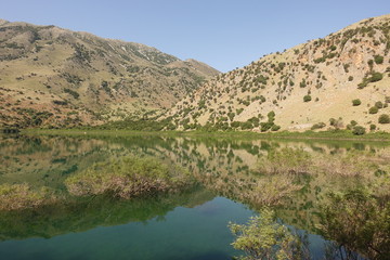 Fototapeta na wymiar Photo from iconic natural lake of Kourna with amazing colours, Chania, Crete island, Greece