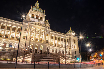 Naklejka premium Historical Neo-Renaissance building of National Museum in Prague by night, Czech Republic