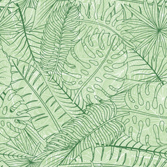 Seamless pattern with contour lines of tropical leaves on a green background.