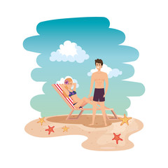 young couple relaxing in beach chair on the seascape
