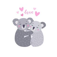 Koala bears hugging couple on white background. Vector animal illustration with bear family