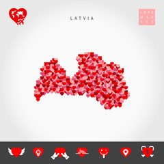 I Love Latvia. Red and Pink Hearts Pattern Vector Map of Latvia Isolated on Grey Background. Love Icon Set.