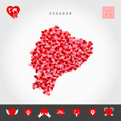 I Love Ecuador. Red and Pink Hearts Pattern Vector Map of Ecuador Isolated on Grey Background. Love Icon Set.