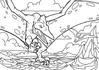Outline Dinosaur Pterodactyl Illustration Suitable For Any Of Graphic Design Project Such As Coloring Book And Education © Михаил Пенькевич