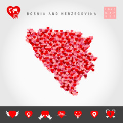 I Love Bosnia and Herzegovina. Red and Pink Hearts Pattern Vector Map of Bosnia and Herzegovina Isolated on Grey Background. Love Icon Set.