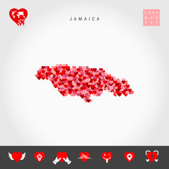 I Love Jamaica. Red and Pink Hearts Pattern Vector Map of Jamaica Isolated on Grey Background. Love Icon Set.