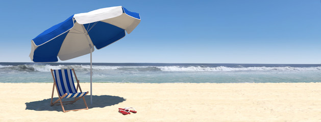Summer beach scene with sunbed and sea with waves - obrazy, fototapety, plakaty