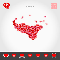 I Love Tonga. Red and Pink Hearts Pattern Vector Map of Tonga Isolated on Grey Background. Love Icon Set.