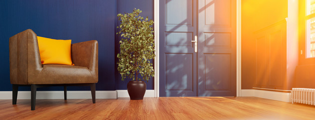 Living room in blue with armchair and door