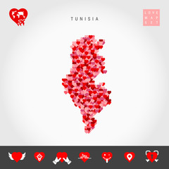 I Love Tunisia. Red and Pink Hearts Pattern Vector Map of Tunisia Isolated on Grey Background. Love Icon Set.