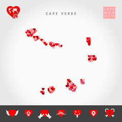I Love Cape Verde. Red and Pink Hearts Pattern Vector Map of Cape Verde Isolated on Grey Background. Love Icon Set.