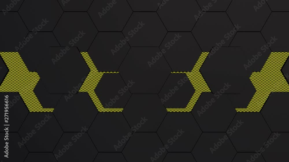 Poster 3d animation of abstract hexagonal grey graphite with yellow background coming out from the movement