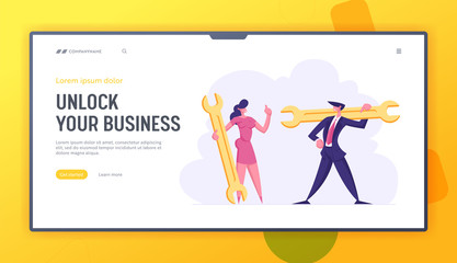 Business People Characters with Golden Wrenches. Man and Woman Holding Spanners in Hand. Business Solution, Technical Support Website Landing Page, Web Page. Cartoon Flat Vector Illustration, Banner