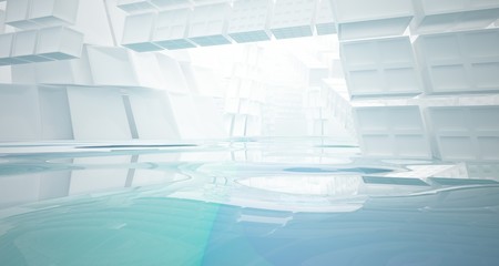 Obraz premium Abstract white and blue water parametric interior with window. 3D illustration and rendering.