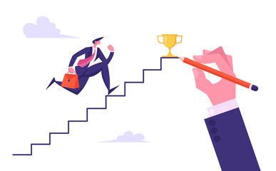 Business Man Aiming to Ladder Top with Gold Cup. Businessman Character with Briefcase Running Up Hand Drawn Stairs to Reach Success. Leadership, Goal Achievement Cartoon Flat Vector Illustration