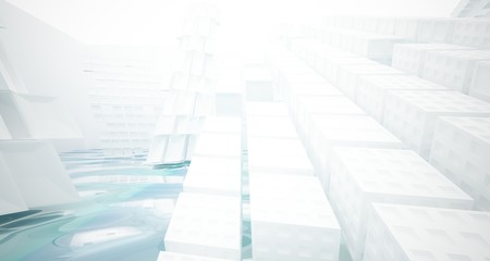 Fototapeta premium Abstract white and blue water parametric interior with window. 3D illustration and rendering.