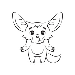 Black and white illustration of puzzled fennec fox who shrugs its shoulders. Cute kawaii cartoon character. Funny pose, emotion and face expression. Isolated on white background
