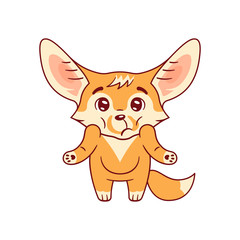 Puzzled fennec fox shrugs its shoulders. Cute kawaii cartoon character. Funny pose, emotion and face expression. Isolated on white background