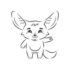 Black and white illustration of smiling fennec fox who swings its paw with salutation. Cute kawaii cartoon character. Funny emotion and face expression. Isolated on white background