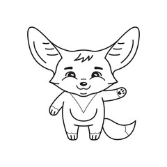 Black and white illustration of cute  fennec fox who swings its paw with salutation. Kawaii style cartoon character. Funny emotion and face expression. Isolated on white background