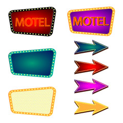 Retro frames and arrows with light bulbs, vector. Neon marquee signs.Vintage borders.