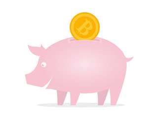 Piggy bank with Bitcoin coin, vector illustration in flat style.