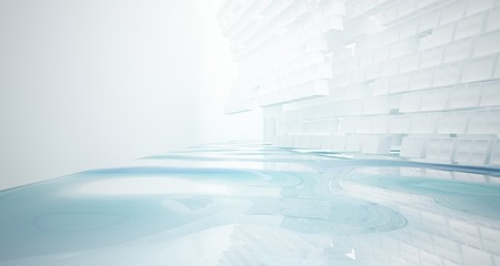 Abstract white and blue water parametric interior with window. 3D illustration and rendering.