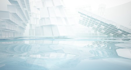 Abstract white and blue water parametric interior with window. 3D illustration and rendering.