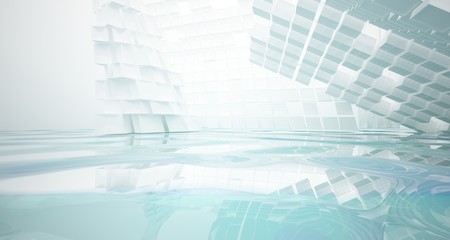 Abstract white and blue water parametric interior with window. 3D illustration and rendering.