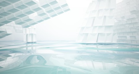 Abstract white and blue water parametric interior with window. 3D illustration and rendering.