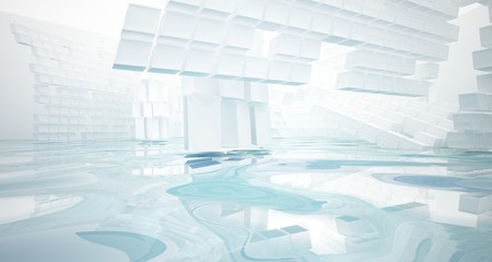 Abstract white and blue water parametric interior with window. 3D illustration and rendering.