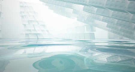 Abstract white and blue water parametric interior with window. 3D illustration and rendering.