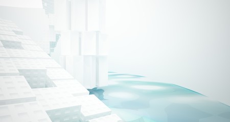 Obraz premium Abstract white and blue water parametric interior with window. 3D illustration and rendering.