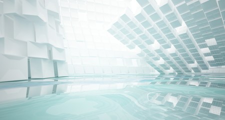 Abstract white and blue water parametric interior with window. 3D illustration and rendering.