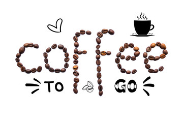 Creative layout made of coffee beans with lettering and doodle