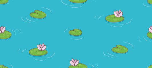 Seamless pattern with water lilies and green leaves. isolated on blue background