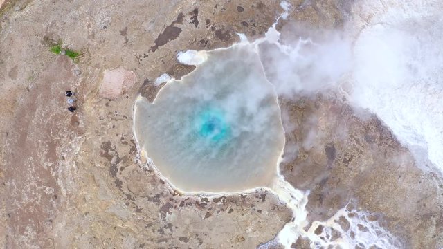 Flying above the Great Geyser, geysir in the Golden Circle, Iceland, 4k aerial drone view