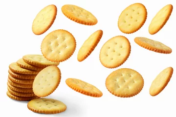 Foto op Aluminium Top view of round salted snack cracker cookie isolated on white background © gv image