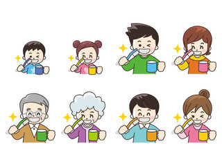 歯磨きをする家族