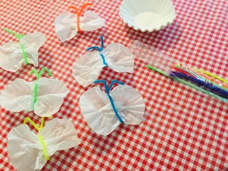 Prep for Coffee Filter Butterfly Dying. Materials being laid out in preperation for preschool craft. Art, science, fun activity. Daycare, preschhol or home school appropriate.