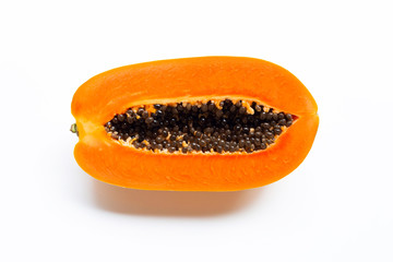 Ripe papaya fruit on white background.