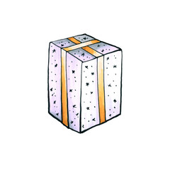 Christmas or New Year patterned gift box illustration. Freehand drawing, isolated decor for winter holidays. Cute stars and golden ribbon
