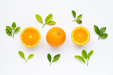 High vitamin C. Fresh orange citrus fruit with leaves isolated on white.