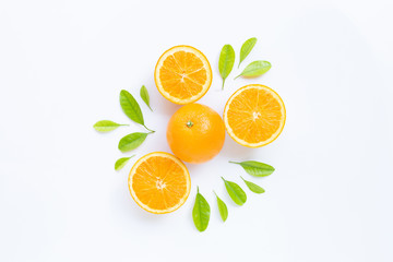 High vitamin C, Juicy and sweet. Fresh orange fruit with green leaves  on white.