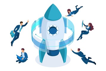 Isometric start up a business project, businessmen around the rocket, working on a virtual screen. Concept for web design