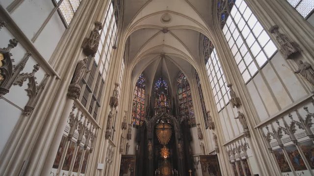 Interior of Maria am Gestade or Church of Our Lady of the Riverbank with Christmas decoration. One of the oldest viennese churches of gothic architecture.