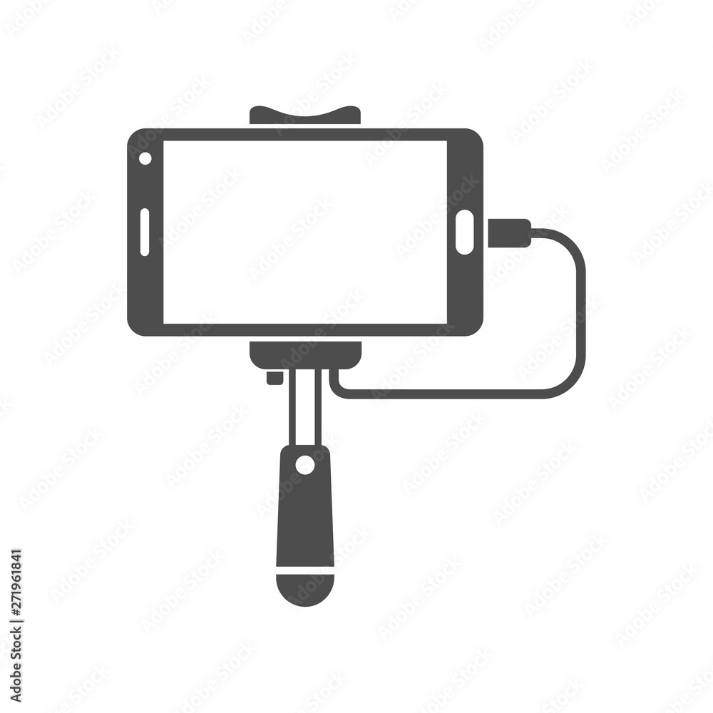 Poster monopod selfie stick accessory connected to smartphone with usb cable. vector icon isolated on white