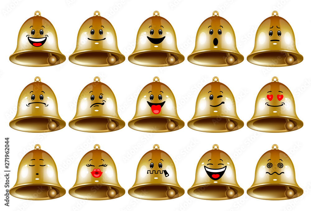 Wall mural vector set of bell emoticons. collection of characters of metal gold bells with different emotions i