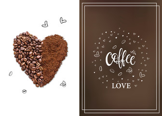 Creative layout made of coffee beans and coffee powder
